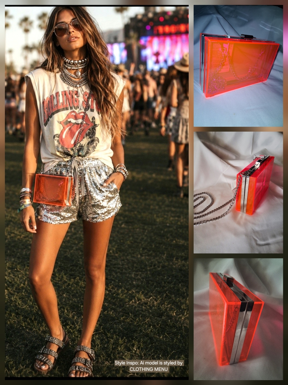Clear Acrylic Neon Orange Box Clutch Crossbody Bag with Chain